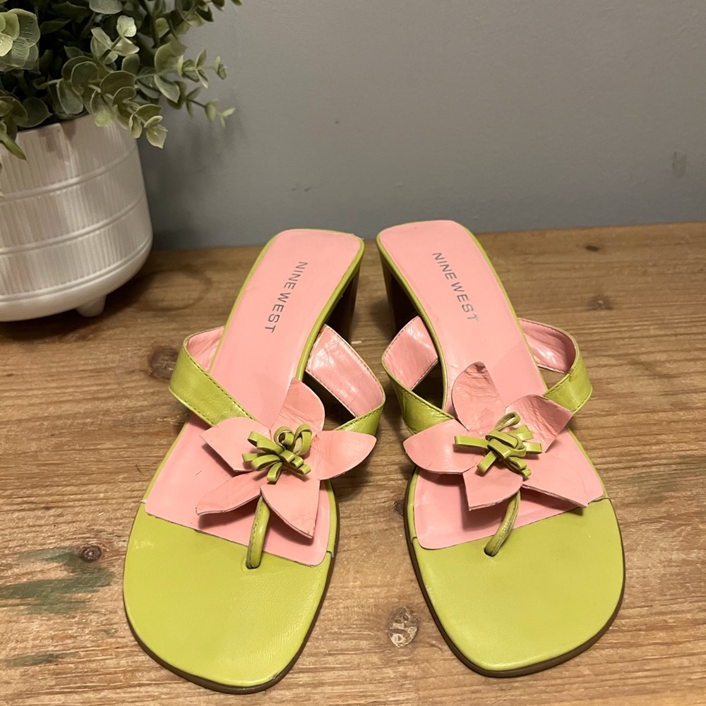 Nine West pastel pink, green, floral embellishment sandals